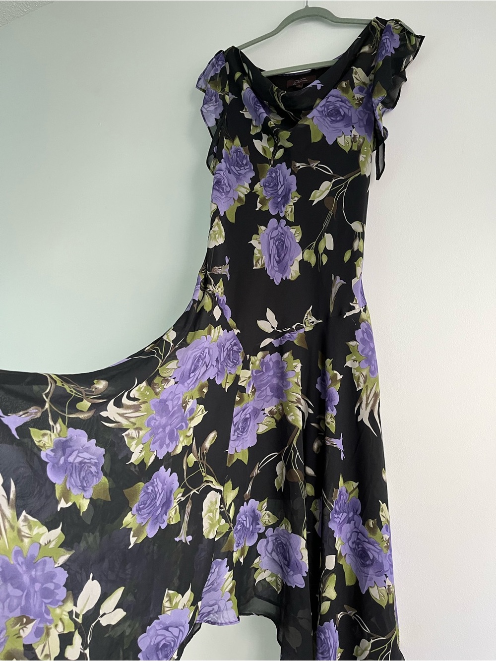 90s Y2K Jessica Black & Purple Floral Whimsical Flowy Fairy Midi Cowl Neck Dress - Picture 5 of 16